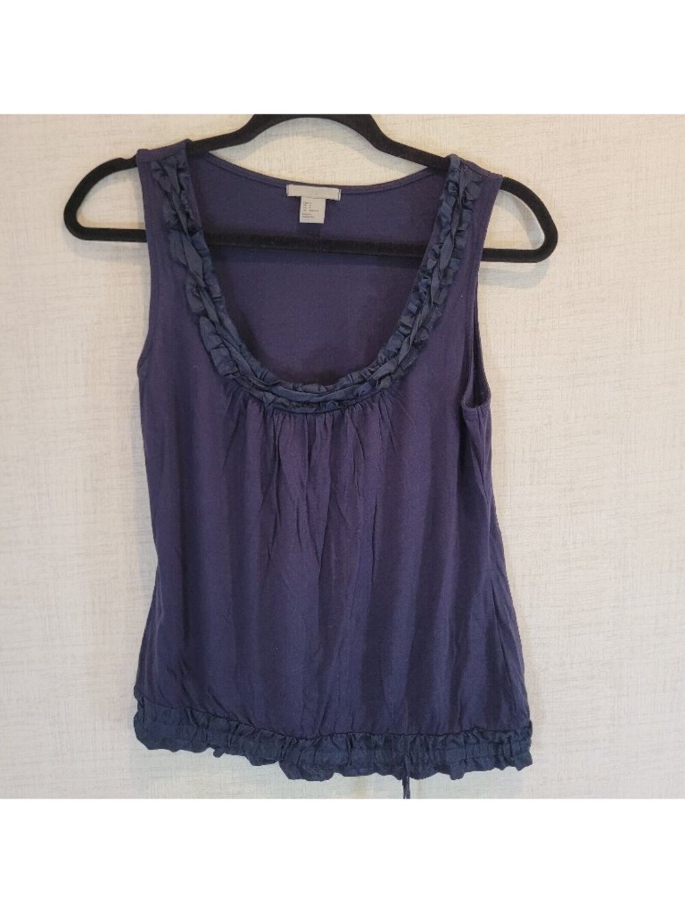 H&M Ruffle Blouse Womens S Blue Scoop Neck Sleeveless Top Silk Trim